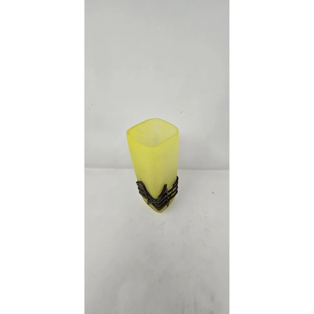 Vtg Germany romblast vase frosted yellow glass w/bronze metal art art‎ nouveau